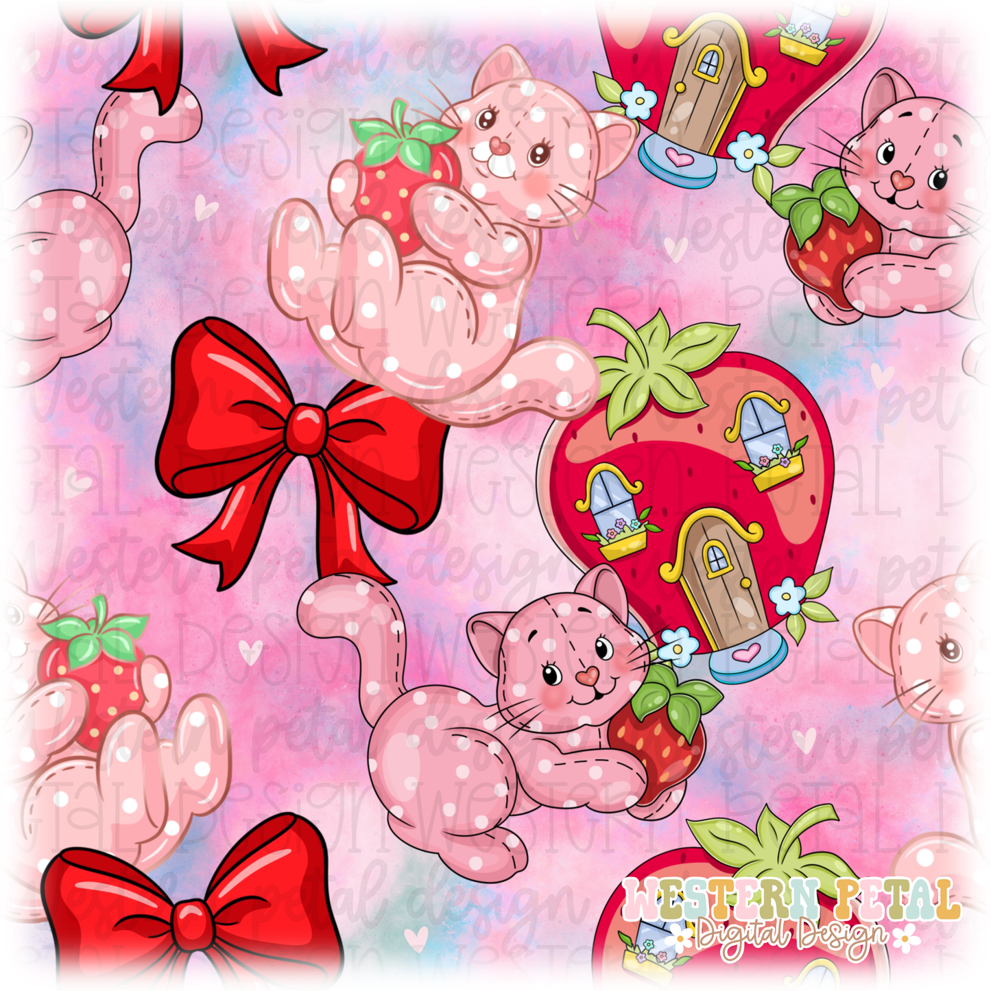 Strawberry Cat Seamless Pattern PNG