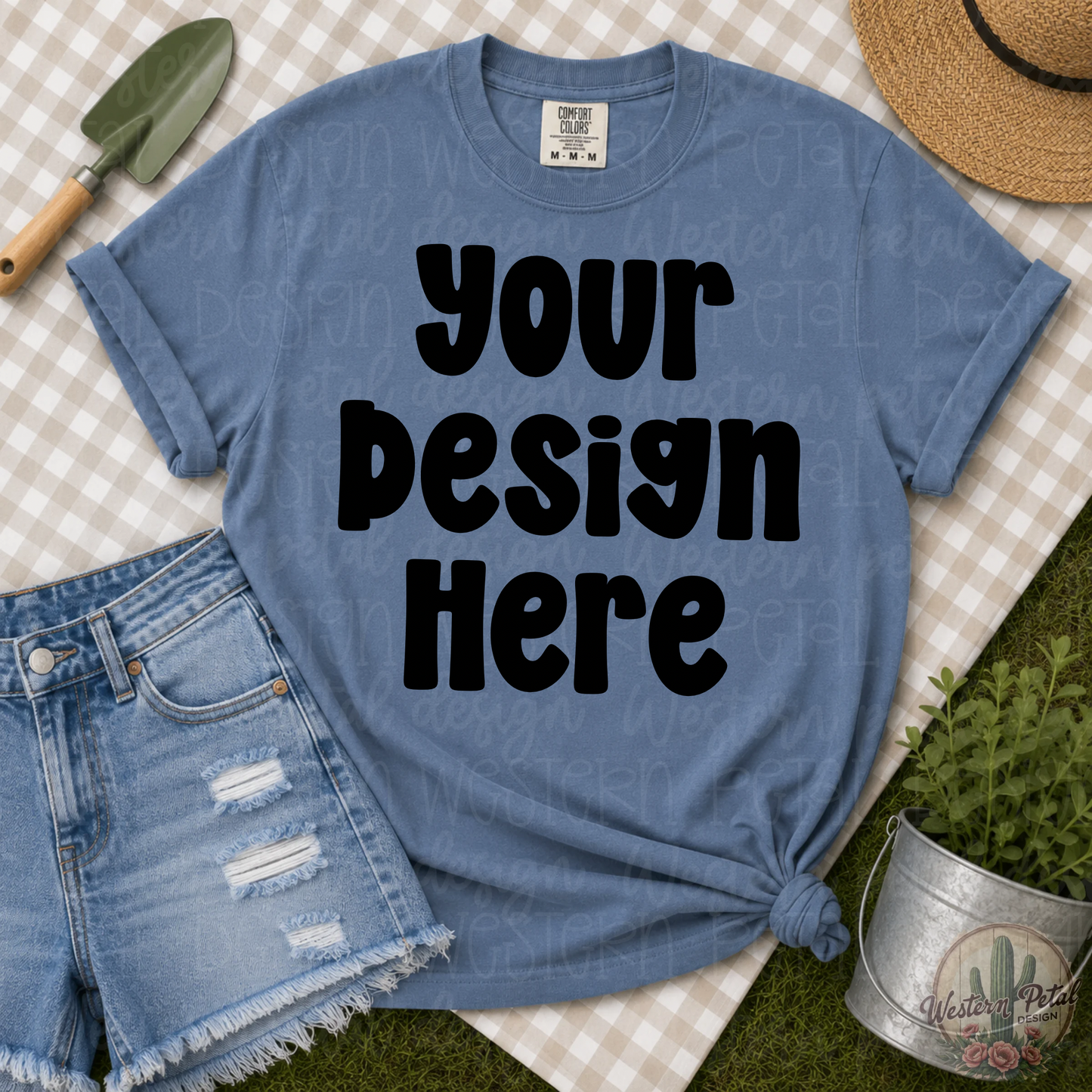 Comfort Colors Blue Jean Garden Flat Lay Mockup