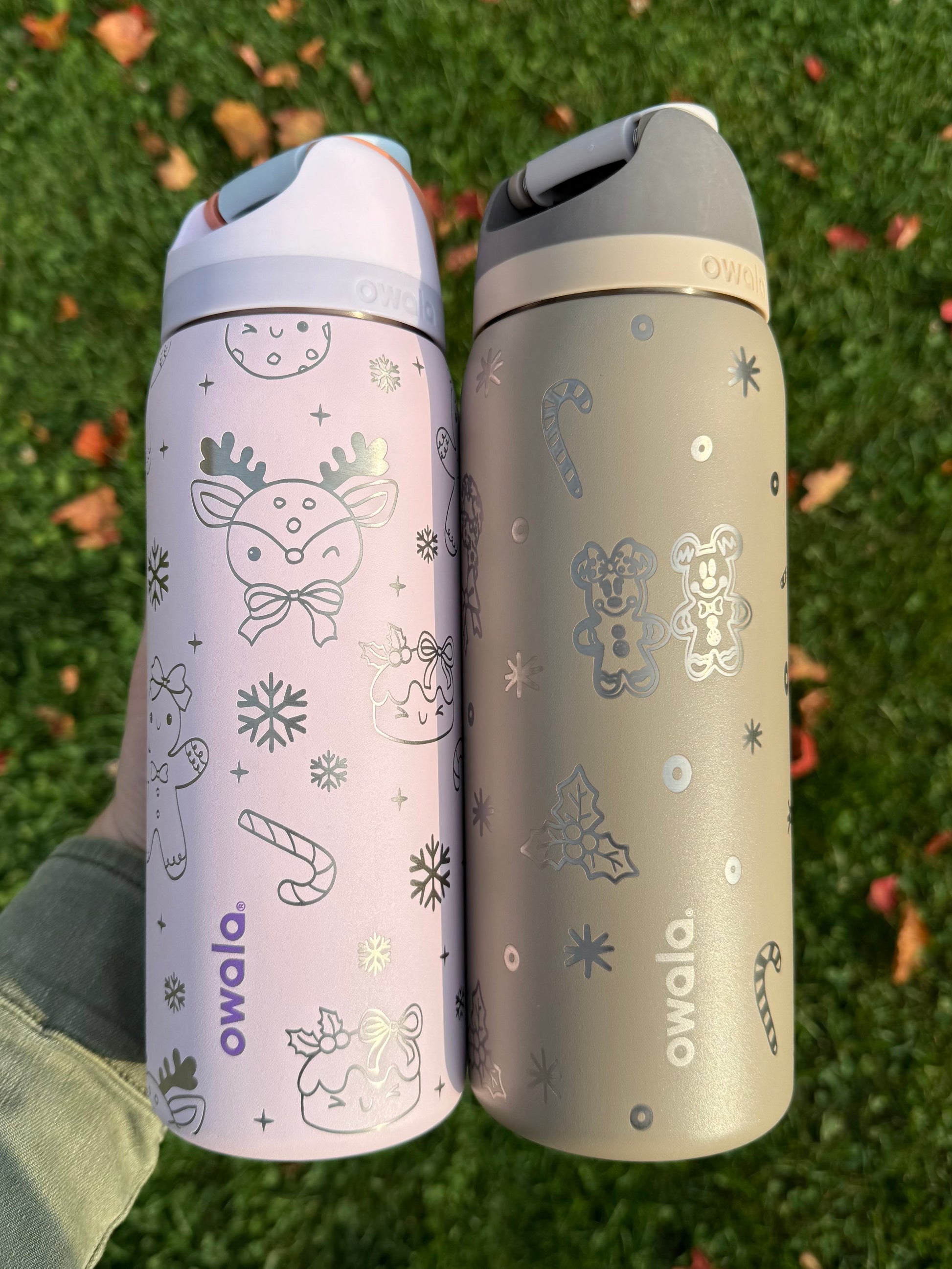 Two Owala water bottles with winter-themed designs on a grass background