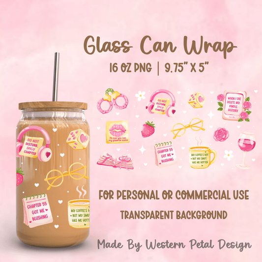 Bookish Smut Reader Glass Can Wrap PNG – 16oz Libbey Cup Wrap - Western Petal Design