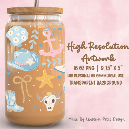 Coastal Cowgirl 16oz Glass Can Wrap PNG – 9.75x5 High Resolution Digital Download - Western Petal Design