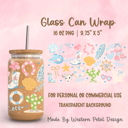Coastal Cowgirl 16oz Glass Can Wrap PNG – 9.75x5 High Resolution Digital Download - Western Petal Design