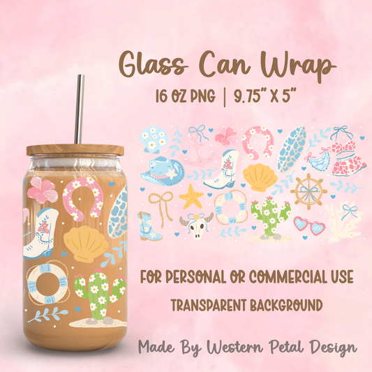 Coastal Cowgirl 16oz Glass Can Wrap PNG – 9.75x5 High Resolution Digital Download - Western Petal Design