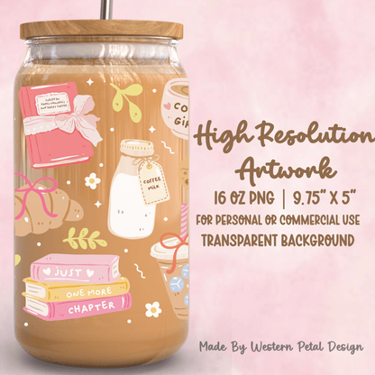 Coffee Lover Glass Can Wrap PNG | 16oz Libbey Cup | Bookish Tumbler Design - Western Petal Design