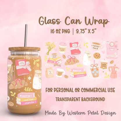 Coffee Lover Glass Can Wrap PNG | 16oz Libbey Cup | Bookish Tumbler Design - Western Petal Design