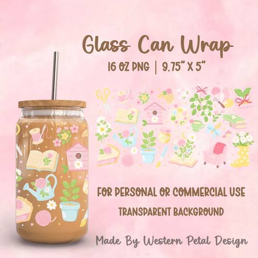 Cottagecore Glass Can Wrap PNG | 16oz Floral Craft Seamless Design | Boho Spring Garden Libbey Wrap | Waterslide & Vinyl | Commercial Use - Western Petal Design