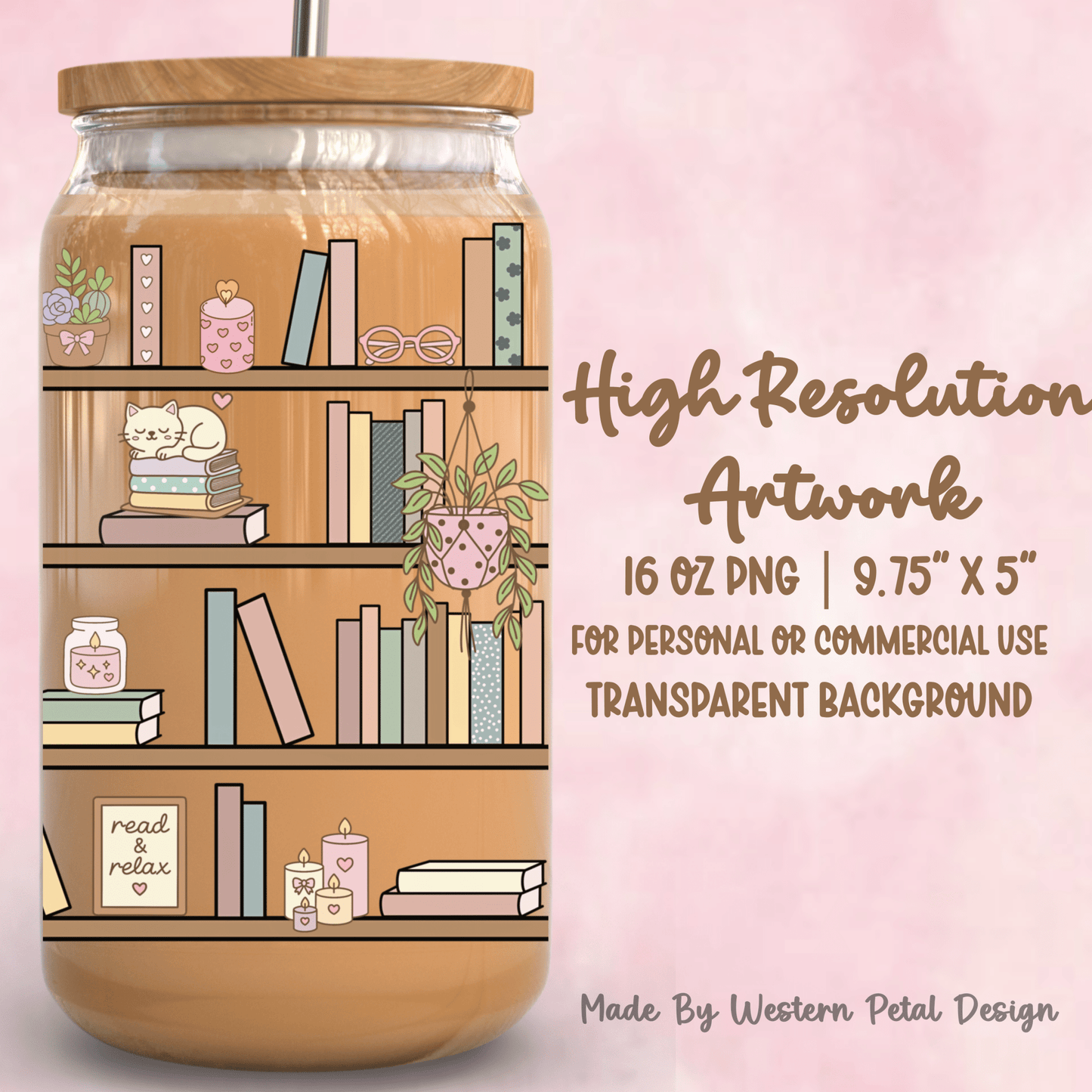 Cozy Bookshelf 16oz Glass Can Wrap PNG | Book Lover Design (Digital Download) - Western Petal Design