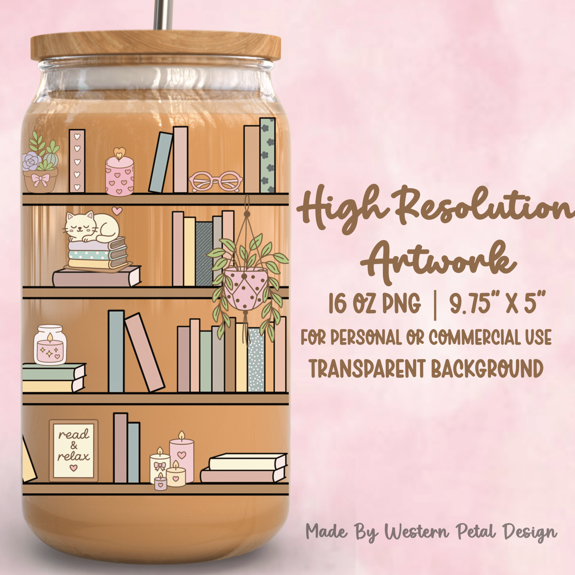 Cozy Bookshelf 16oz Glass Can Wrap PNG | Book Lover Design (Digital Download) - Western Petal Design