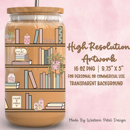 Cozy Bookshelf 16oz Glass Can Wrap PNG | Book Lover Design (Digital Download) - Western Petal Design