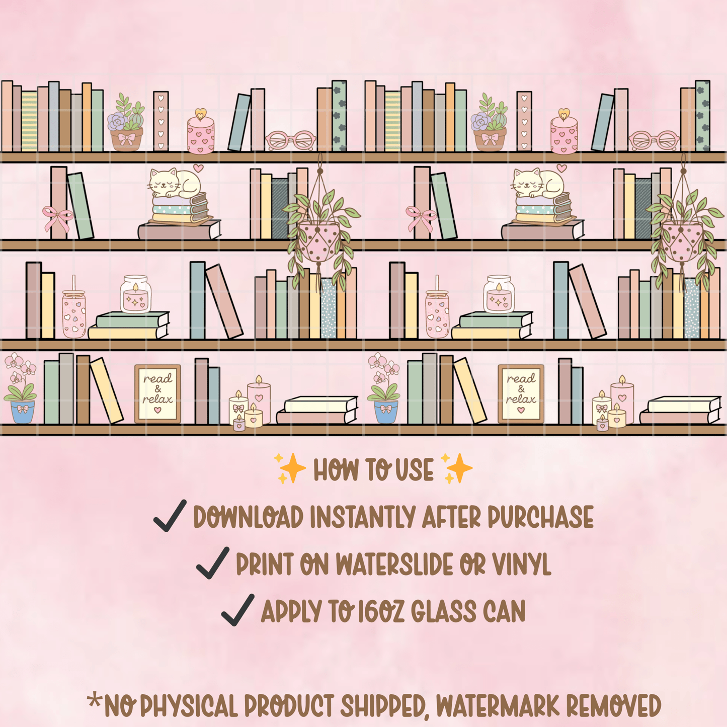 Cozy Bookshelf 16oz Glass Can Wrap PNG | Book Lover Design (Digital Download) - Western Petal Design