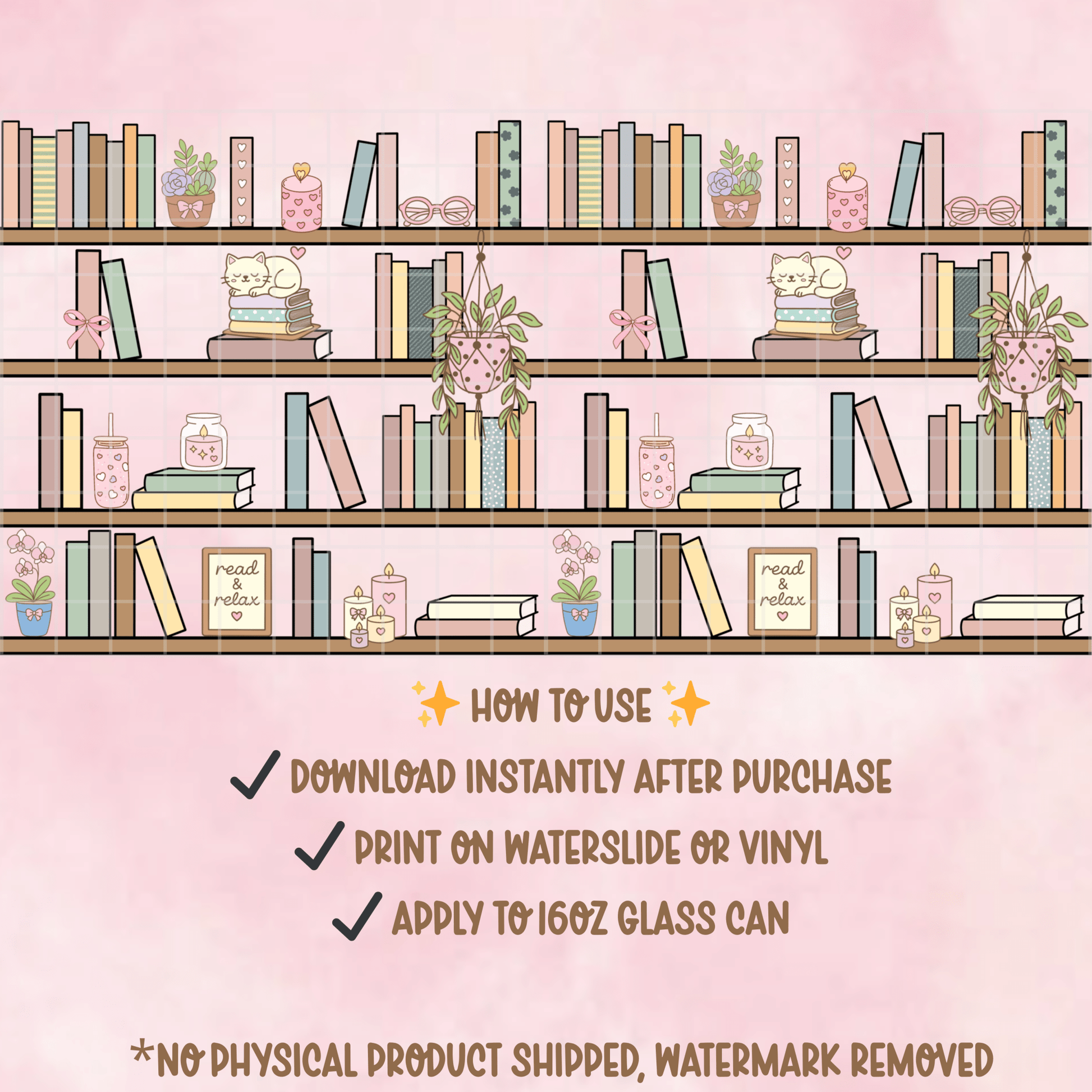 Cozy Bookshelf 16oz Glass Can Wrap PNG | Book Lover Design (Digital Download) - Western Petal Design