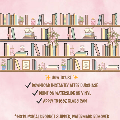 Cozy Bookshelf 16oz Glass Can Wrap PNG | Book Lover Design (Digital Download) - Western Petal Design