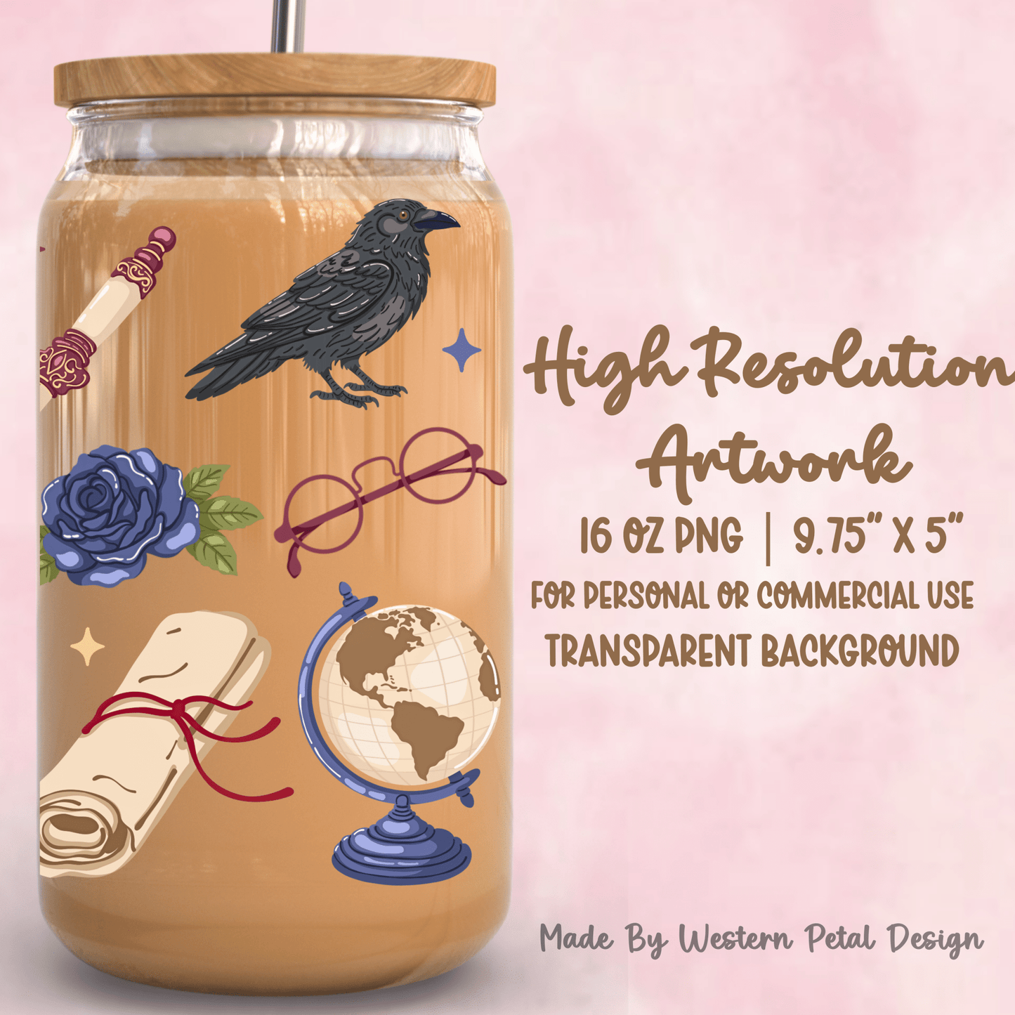 Dark Academia Raven 16oz Glass Can Wrap PNG | 9.75x5 - Western Petal Design