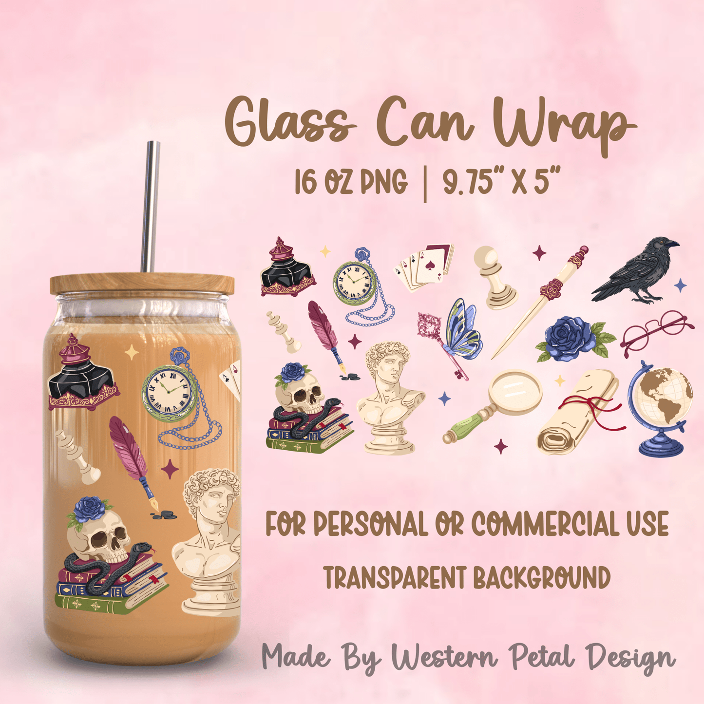 Dark Academia Raven 16oz Glass Can Wrap PNG | 9.75x5 - Western Petal Design