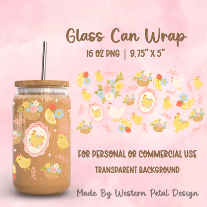 Easter Chick 16oz Tumbler Wrap PNG | Spring Floral Glass Can Design (Digital Download) - Western Petal Design