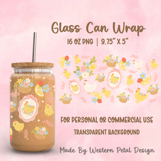 Easter Chick 16oz Tumbler Wrap PNG | Spring Floral Glass Can Design (Digital Download) - Western Petal Design