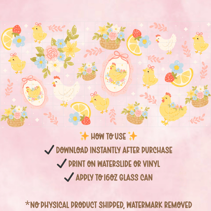 Easter Chick 16oz Tumbler Wrap PNG | Spring Floral Glass Can Design (Digital Download) - Western Petal Design
