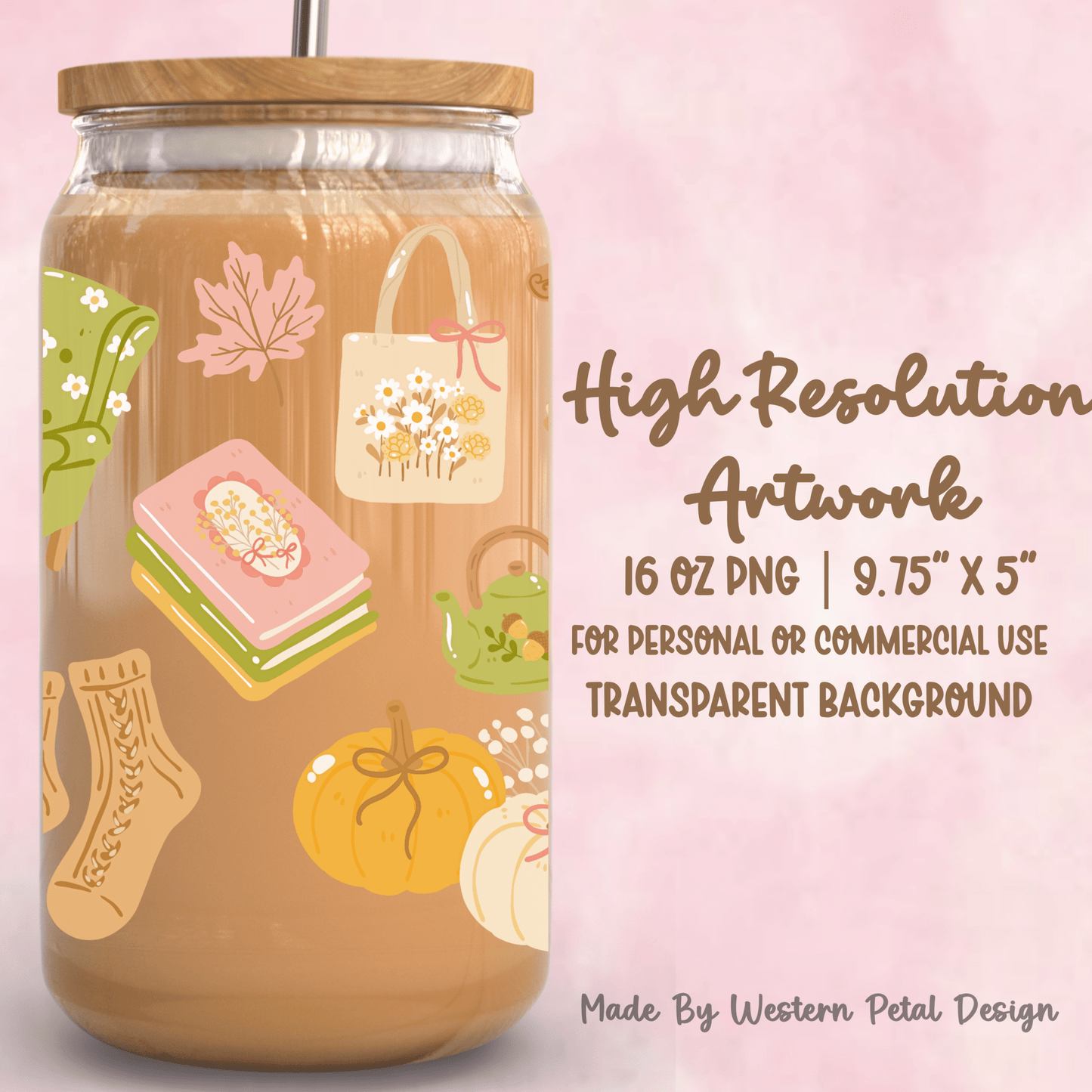 Fall Cozy 16oz Glass Can Wrap PNG | Pumpkin, Coffee Design (Digital Download) - Western Petal Design