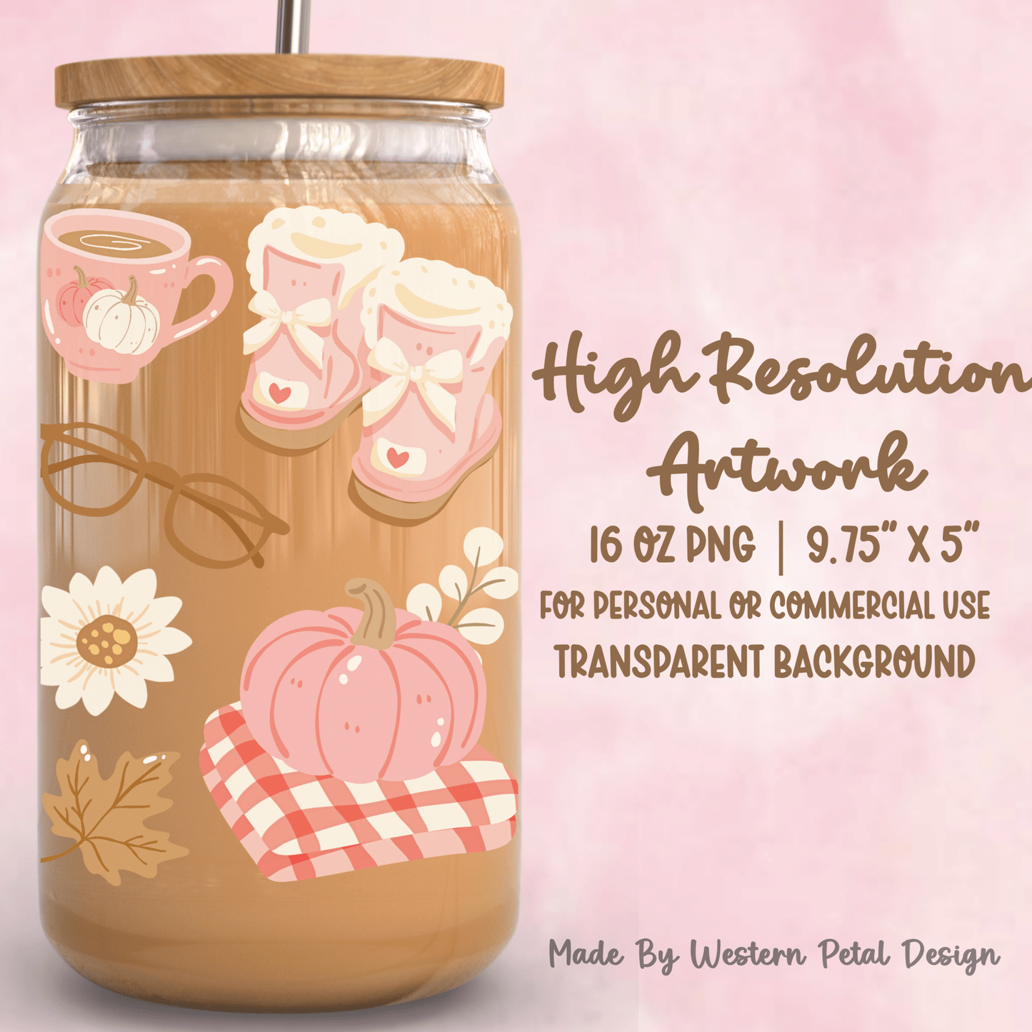Fall Cozy 16oz Glass Can Wrap PNG | Pumpkin, Coffee Design (Digital Download) - Western Petal Design