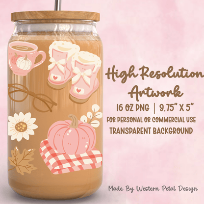Fall Cozy 16oz Glass Can Wrap PNG | Pumpkin, Coffee Design (Digital Download) - Western Petal Design