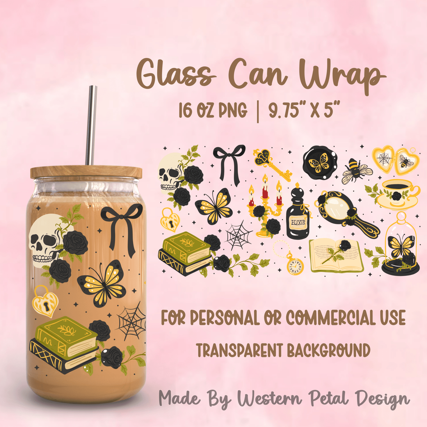 Gothic Dark Academia 16oz Glass Can Wrap PNG | 9.75x5 - Western Petal Design