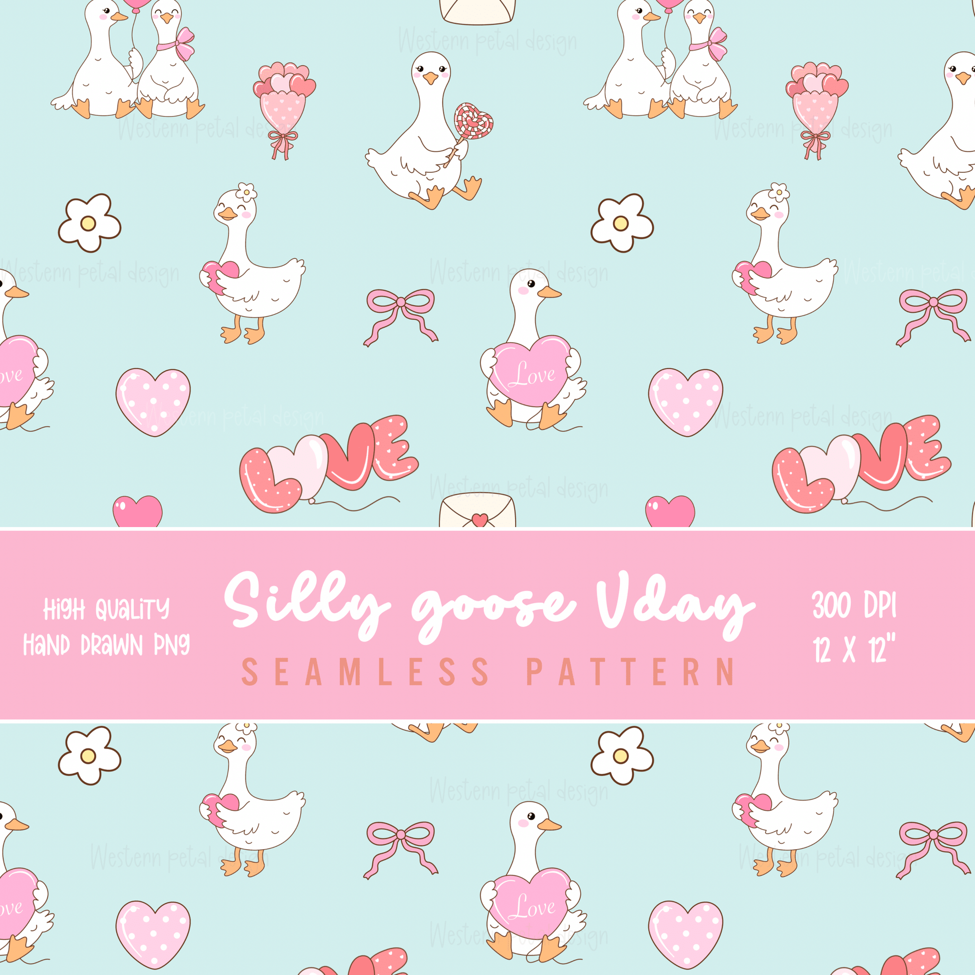 Hand Drawn Valentine Goose Seamless Pattern | 12x12” 300 DPI Digital Paper | Cute Love Ducks Background for Sublimation, Scrapbooking, Craft - Western Petal Design