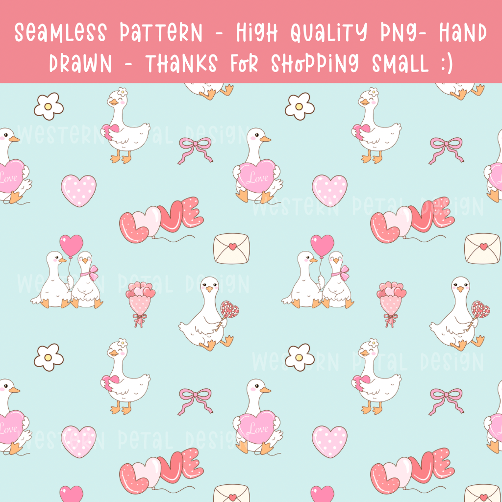 Hand Drawn Valentine Goose Seamless Pattern | 12x12” 300 DPI Digital Paper | Cute Love Ducks Background for Sublimation, Scrapbooking, Craft - Western Petal Design