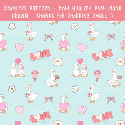 Hand Drawn Valentine Goose Seamless Pattern | 12x12” 300 DPI Digital Paper | Cute Love Ducks Background for Sublimation, Scrapbooking, Craft - Western Petal Design