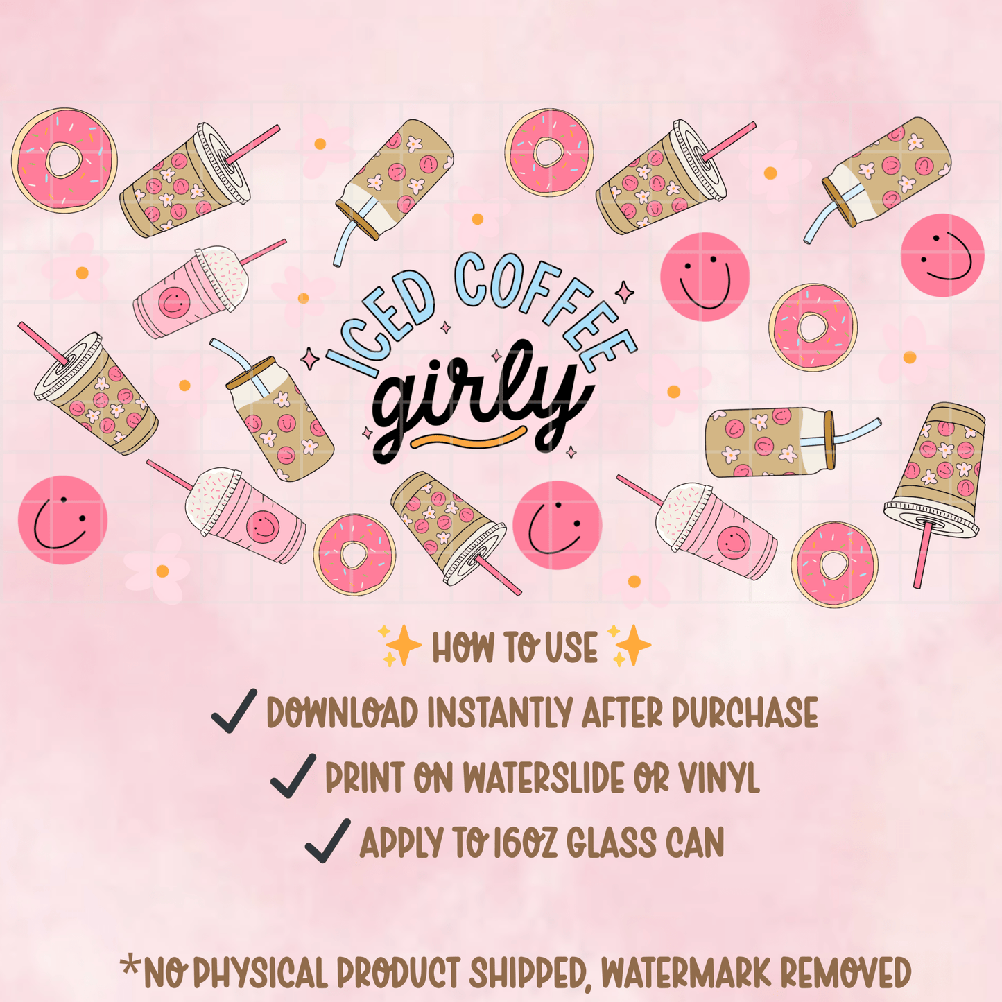 Iced Coffee Girly Glass Can Wrap PNG | Pink Donut Tumbler Design (Digital Download) - Western Petal Design