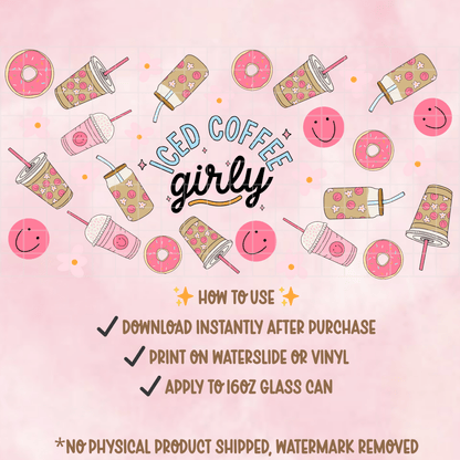 Iced Coffee Girly Glass Can Wrap PNG | Pink Donut Tumbler Design (Digital Download) - Western Petal Design