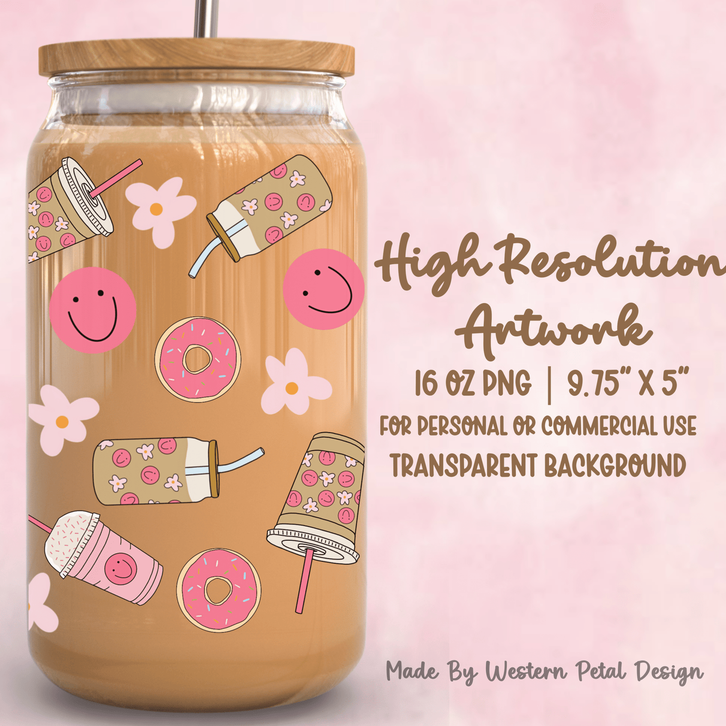 Iced Coffee Girly Glass Can Wrap PNG | Pink Donut Tumbler Design (Digital Download) - Western Petal Design
