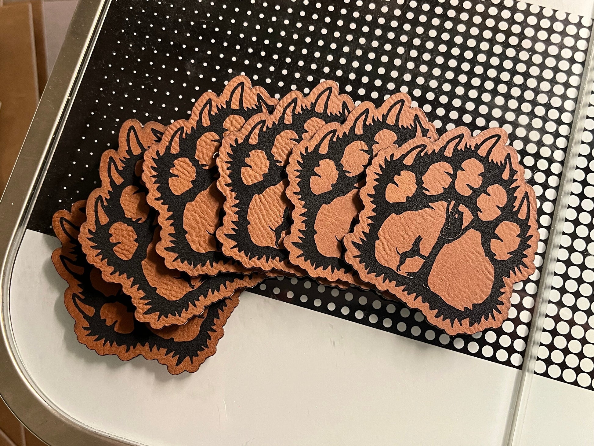 Bear Paw Leatherette Patch for Hats - Adhesive, Iron-On Vegan Leather, Laser Engraved Decor for Hats & Accessories