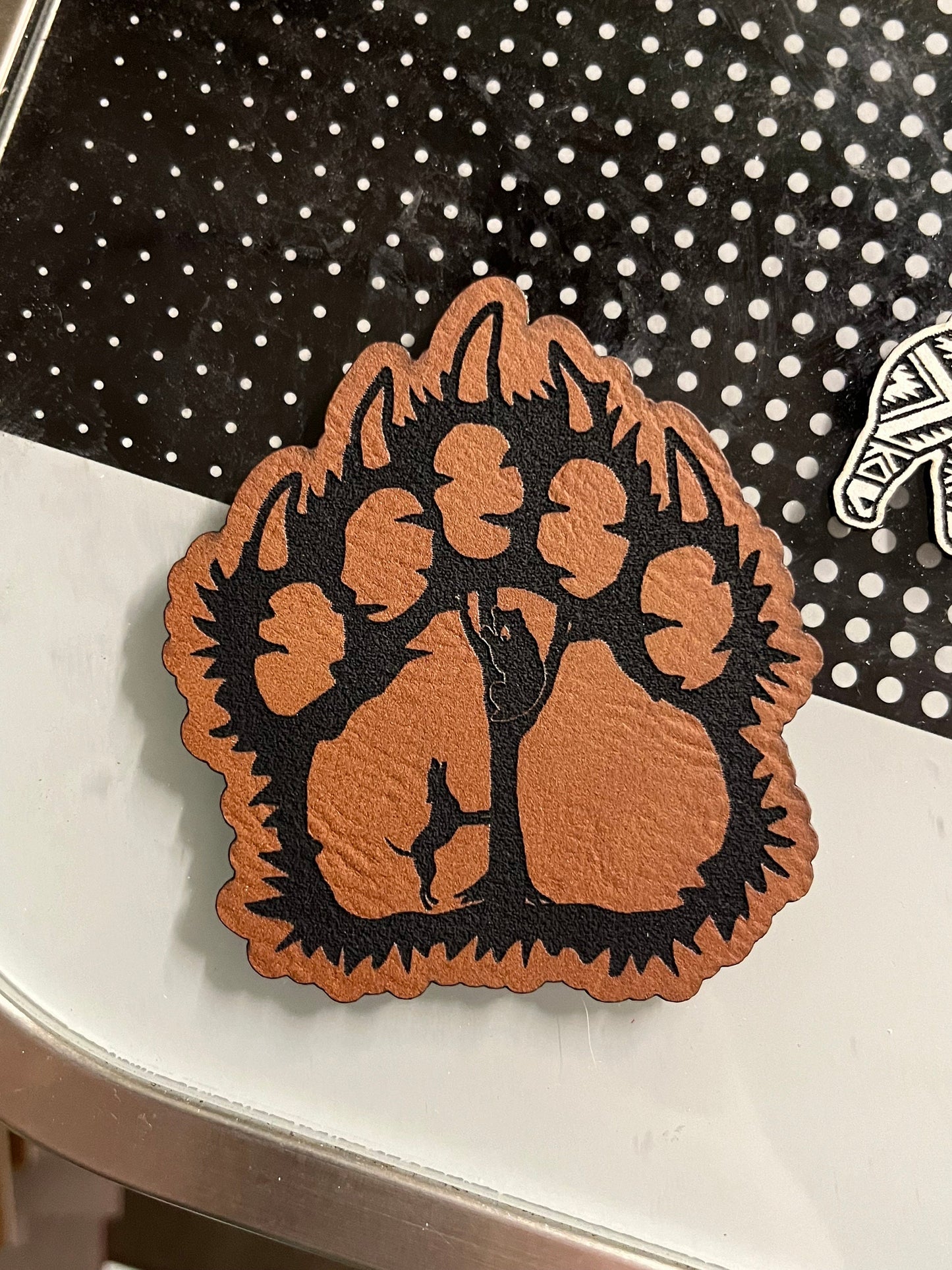 Bear Paw Leatherette Patch for Hats - Adhesive, Iron-On Vegan Leather, Laser Engraved Decor for Hats & Accessories