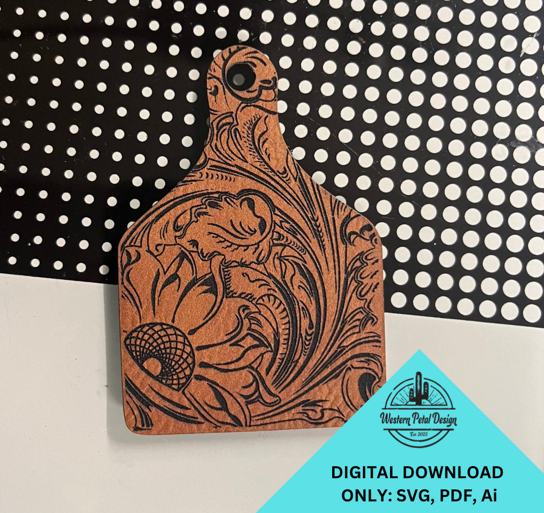 Leather Tooled Cow Tag Digital File – Laser Engraving, Patch Hat Design (SVG, PDF, Ai)