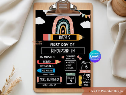 Editable first day of school sign Canva template with rainbow pencil design on chalkboard background