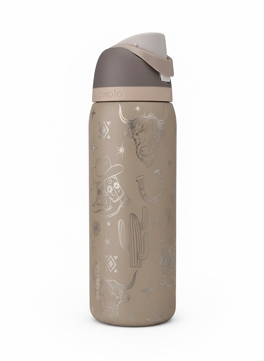 Engraved Owala Tumbler, Western Cowgirl Water Bottle, Highland Cow Tumbler, Floral Boot Aztec Design, 24 32 40 oz Cup