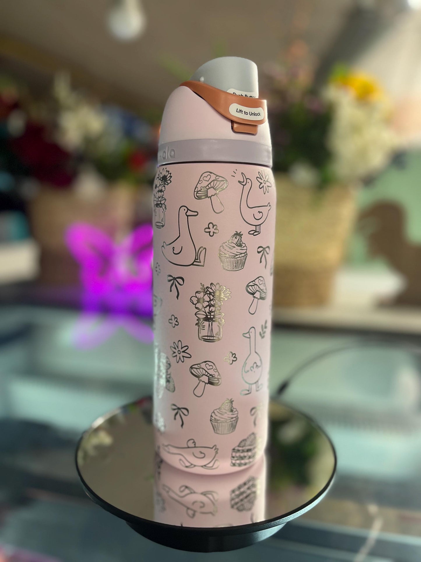 Engraved Owala Tumbler, Whimsical Goose Floral Water Bottle, Cute Cottagecore Owala Cup, Mushroom Bow Design, 24 32 oz Gift