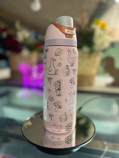 Engraved Owala Tumbler, Whimsical Goose Floral Water Bottle, Cute Cottagecore Owala Cup, Mushroom Bow Design, 24 32 oz Gift