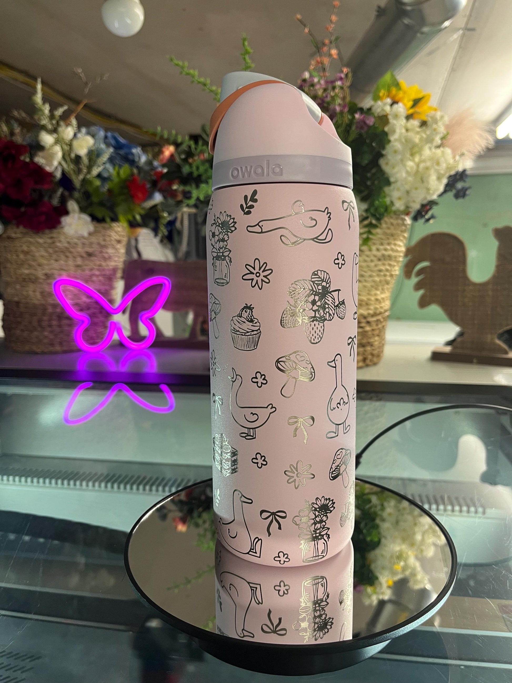Engraved Owala Tumbler, Whimsical Goose Floral Water Bottle, Cute Cottagecore Owala Cup, Mushroom Bow Design, 24 32 oz Gift