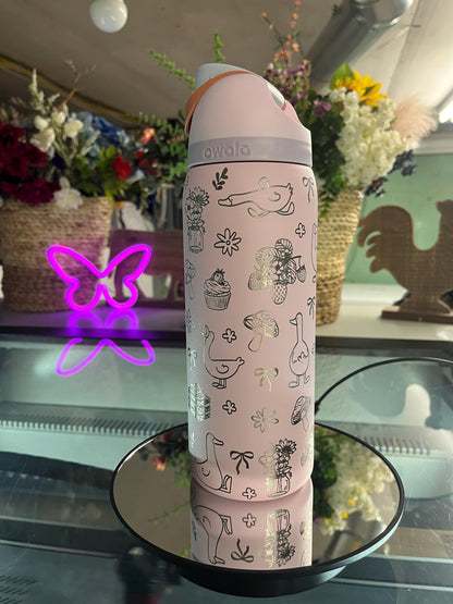 Engraved Owala Tumbler, Whimsical Goose Floral Water Bottle, Cute Cottagecore Owala Cup, Mushroom Bow Design, 24 32 oz Gift