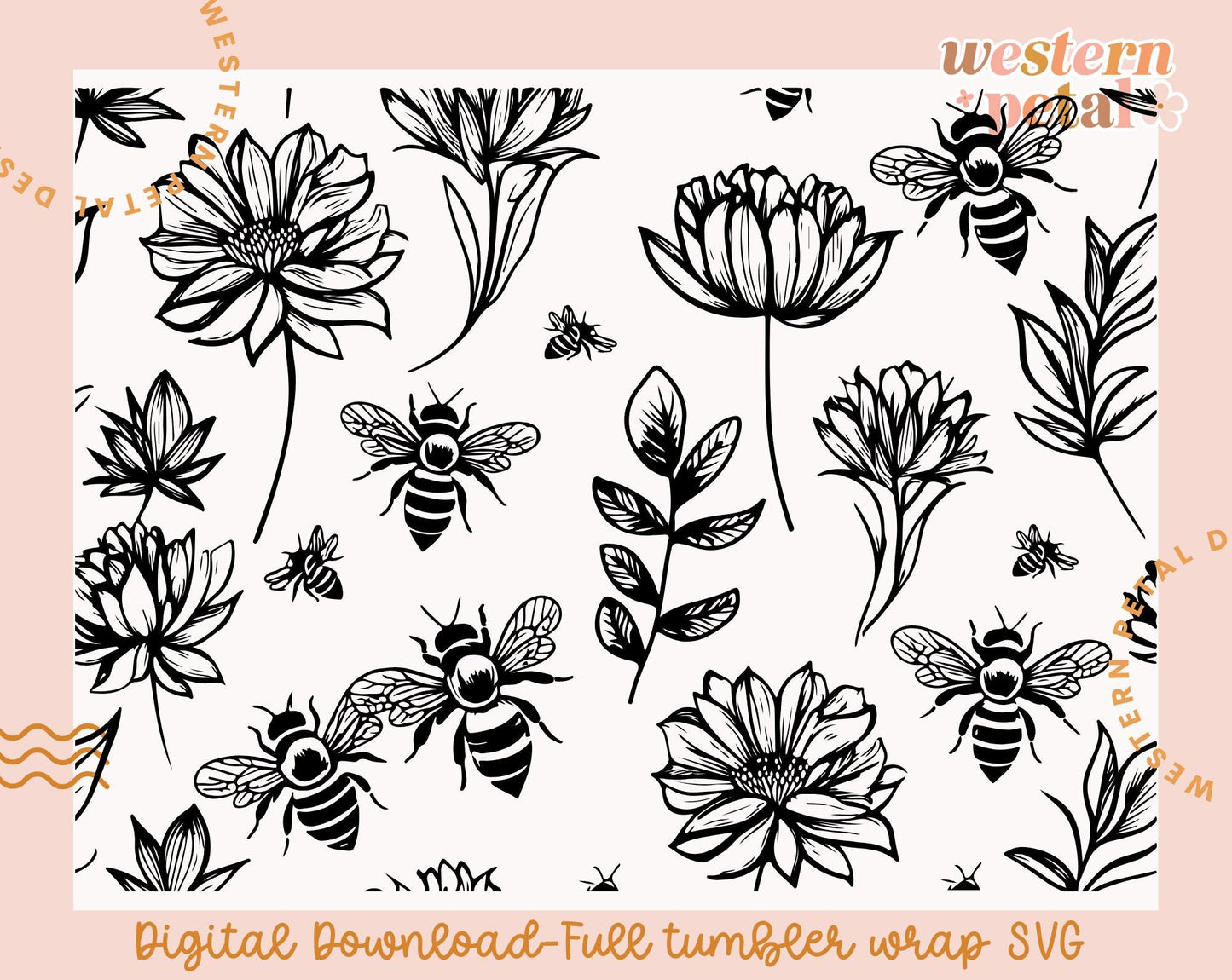 Floral Honeybee Laser Engraving SVG | 40 oz Tumbler Wrap (Digital Download)
