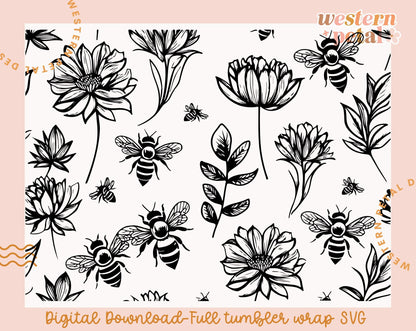 Floral Honeybee Laser Engraving SVG | 40 oz Tumbler Wrap (Digital Download)