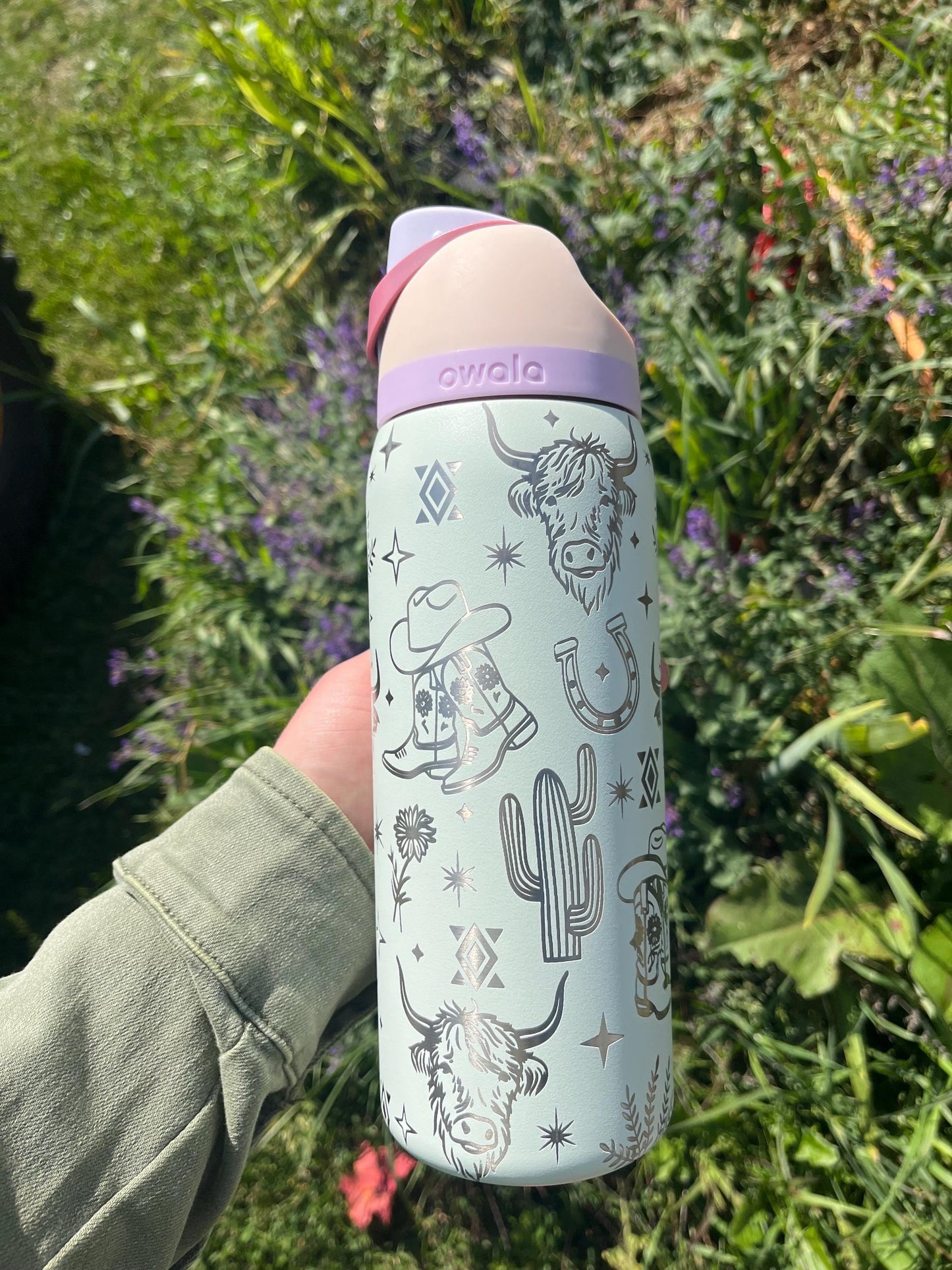 Engraved Owala Tumbler, Western Cowgirl Water Bottle, Highland Cow Tumbler, Floral Boot Aztec Design, 24 32 40 oz Cup
