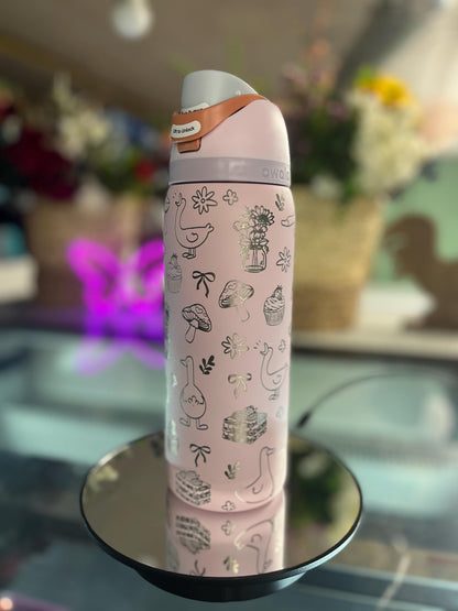 Engraved Owala Tumbler, Whimsical Goose Floral Water Bottle, Cute Cottagecore Owala Cup, Mushroom Bow Design, 24 32 oz Gift