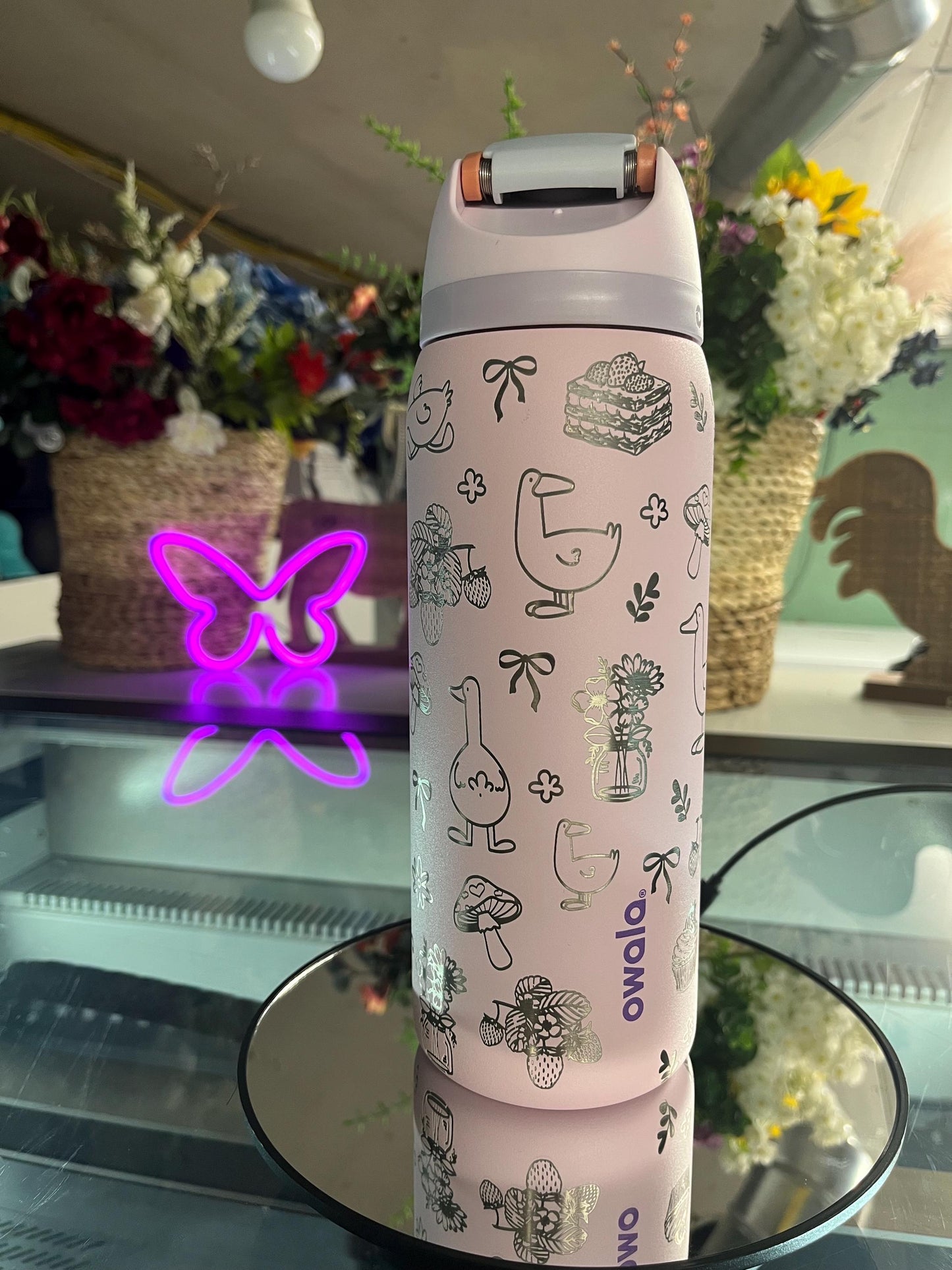 Engraved Owala Tumbler, Whimsical Goose Floral Water Bottle, Cute Cottagecore Owala Cup, Mushroom Bow Design, 24 32 oz Gift