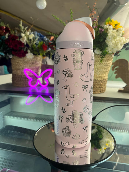 Engraved Owala Tumbler, Whimsical Goose Floral Water Bottle, Cute Cottagecore Owala Cup, Mushroom Bow Design, 24 32 oz Gift