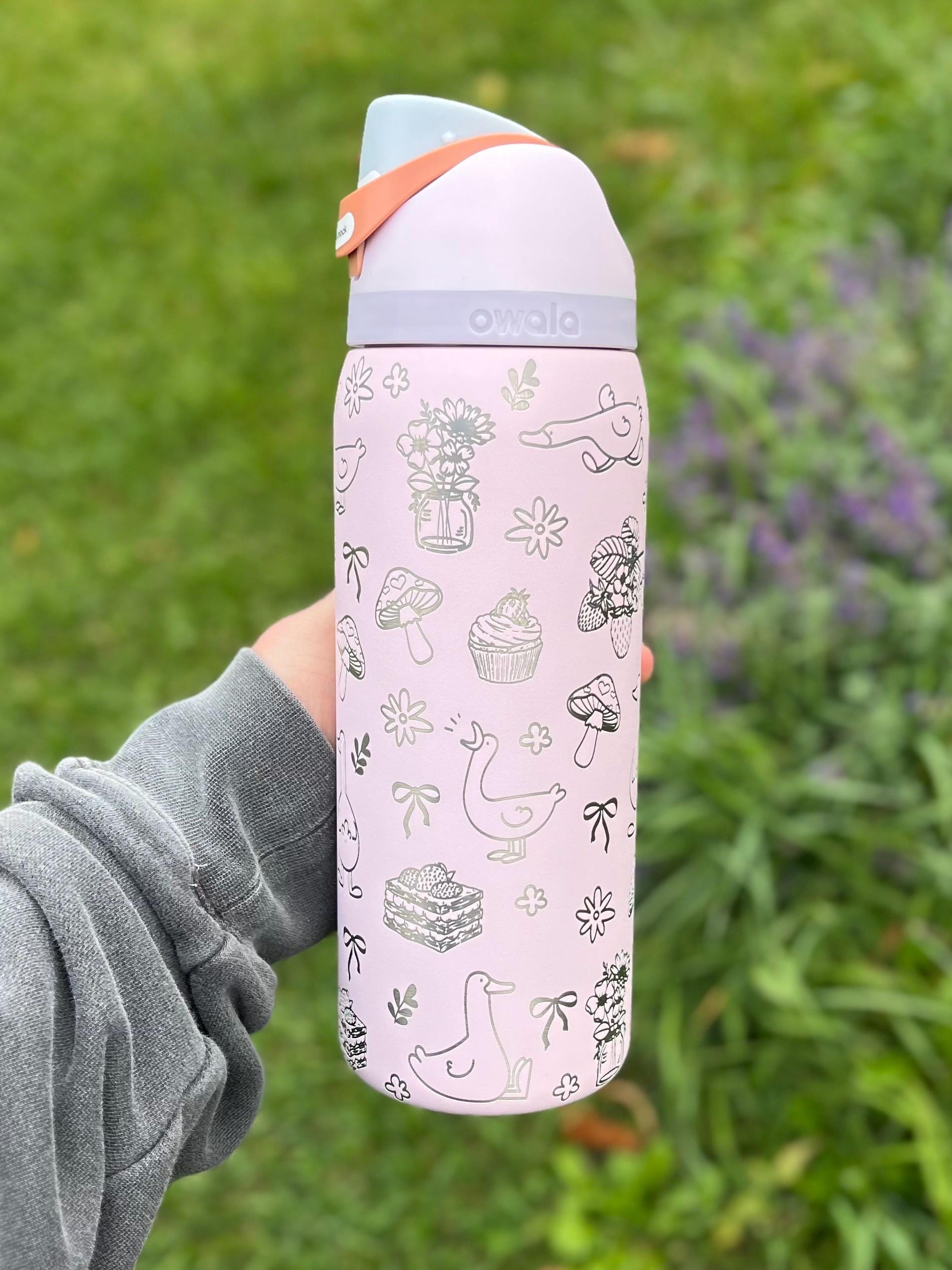 Engraved Owala Tumbler, Whimsical Goose Floral Water Bottle, Cute Cottagecore Owala Cup, Mushroom Bow Design, 24 32 oz Gift