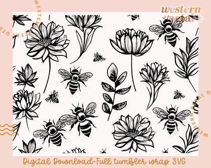Floral Honeybee Tumbler Wrap SVG | 20 oz Skinny Tumbler (Digital Download)