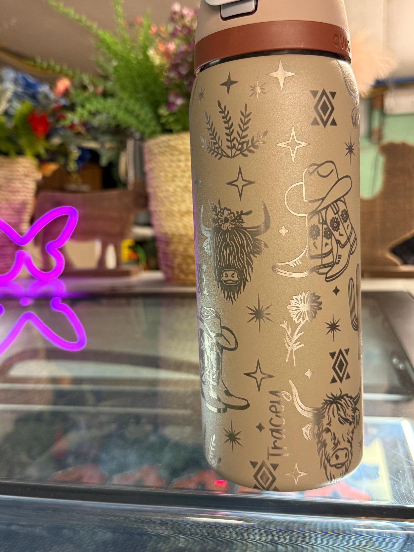 Engraved Owala Tumbler, Western Cowgirl Water Bottle, Highland Cow Tumbler, Floral Boot Aztec Design, 24 32 40 oz Cup