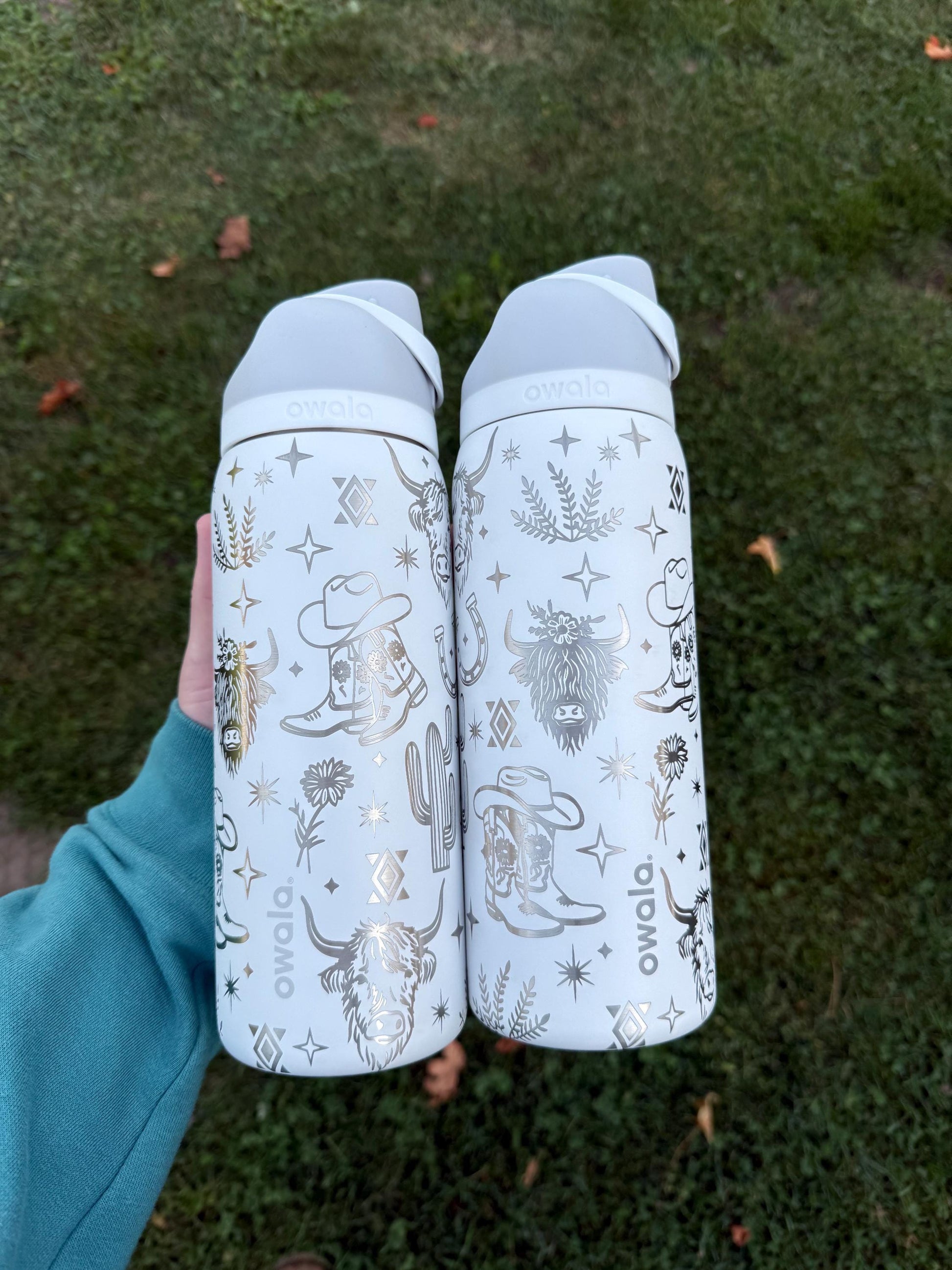 Engraved Owala Tumbler, Western Cowgirl Water Bottle, Highland Cow Tumbler, Floral Boot Aztec Design, 24 32 40 oz Cup